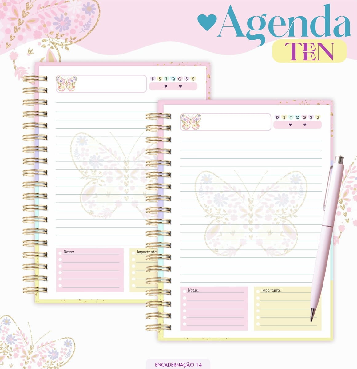Kit digital Agenda Teen Borboleta Candy 2026 para imprimir 2 Arte digital de páginas de agenda pautadas com tema de borboletas
