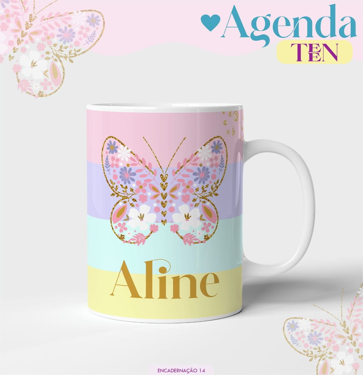 Kit digital Agenda Teen Borboleta Candy 2026 para imprimir 3 Caneca branca estampada com borboleta floral colorida e listras pastéis