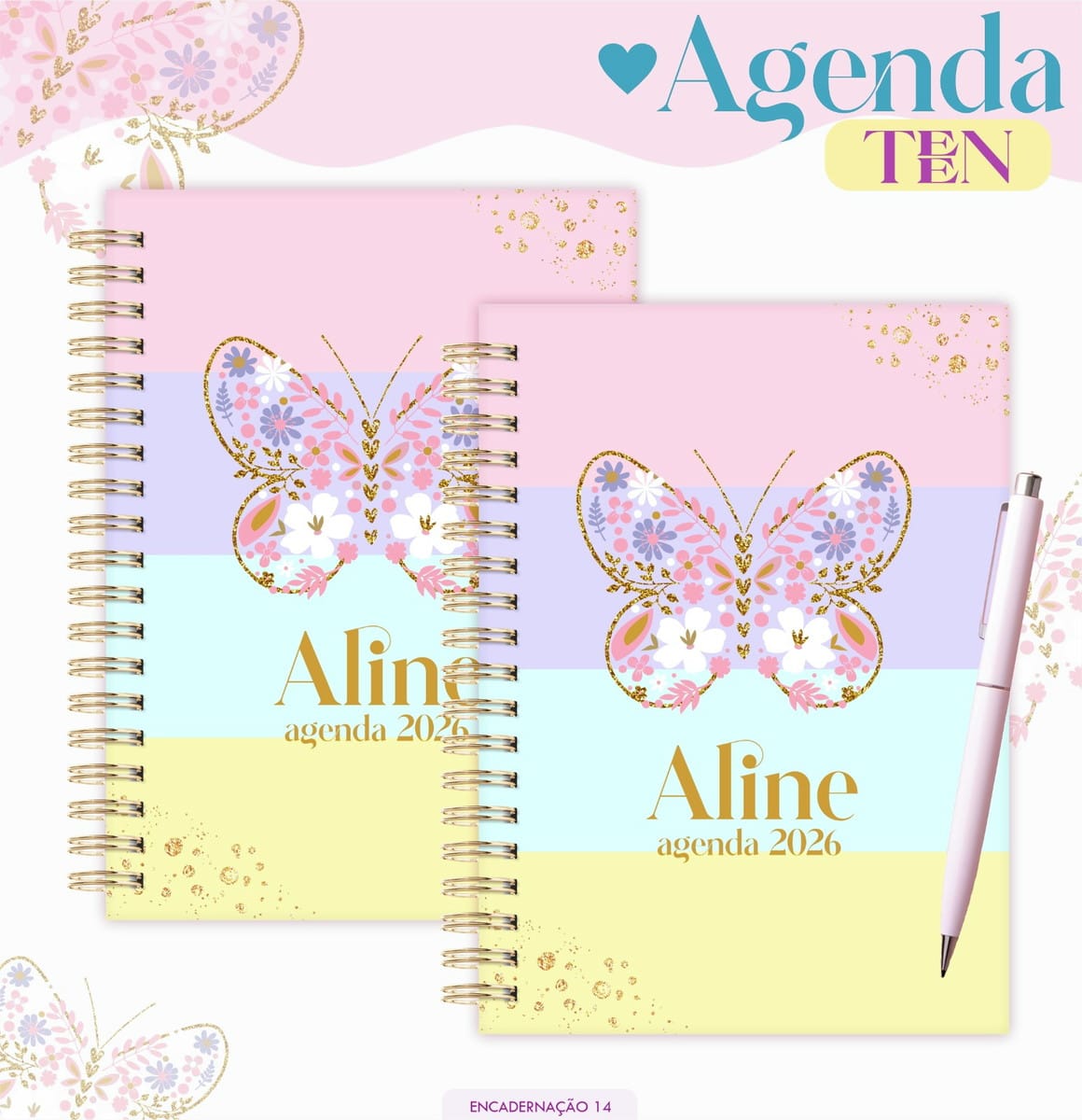 Kit digital Agenda Teen Borboleta Candy 2026 para imprimir 1 Duas agendas espirais coloridas com estampa de borboleta floral e caneta rosa ao lado.
