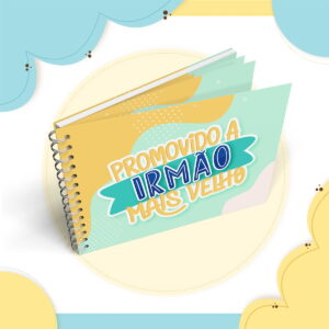 Caderno espiral aberto com capa colorida e texto em destaque escrito em português