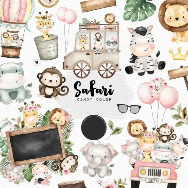 Kit Digital Aquarelado Safari Fofo Kit Digital 4 Em 1
