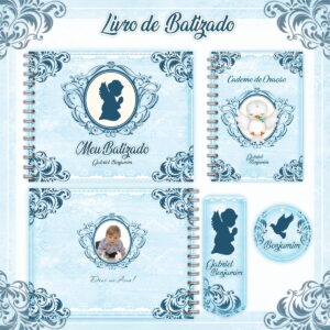 Arte digital de designs para batizado em tons de azul com anjo e pomba.