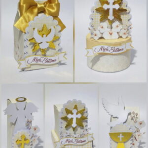 Conjunto de lembrancinhas artesanais decoradas com temas religiosos em tons de dourado e branco.