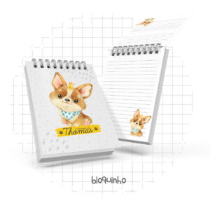 Arte digital de bloco de notas com cachorro fofo usando coroa e bandana, páginas pautadas.