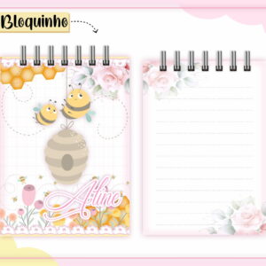 Dois blocos de notas com espiral, decorados com abelhas e flores.