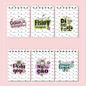 Seis capas de cadernos espiralados com estampas diferentes sobre fundo rosa.