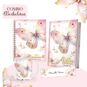 Combo de arte digital com tema de borboletas, incluindo designs para devocional, bíblia, caneca e marcador.