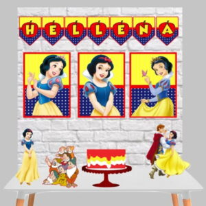 Arte digital de decoração de festa com personagens de conto de fadas e bolo.