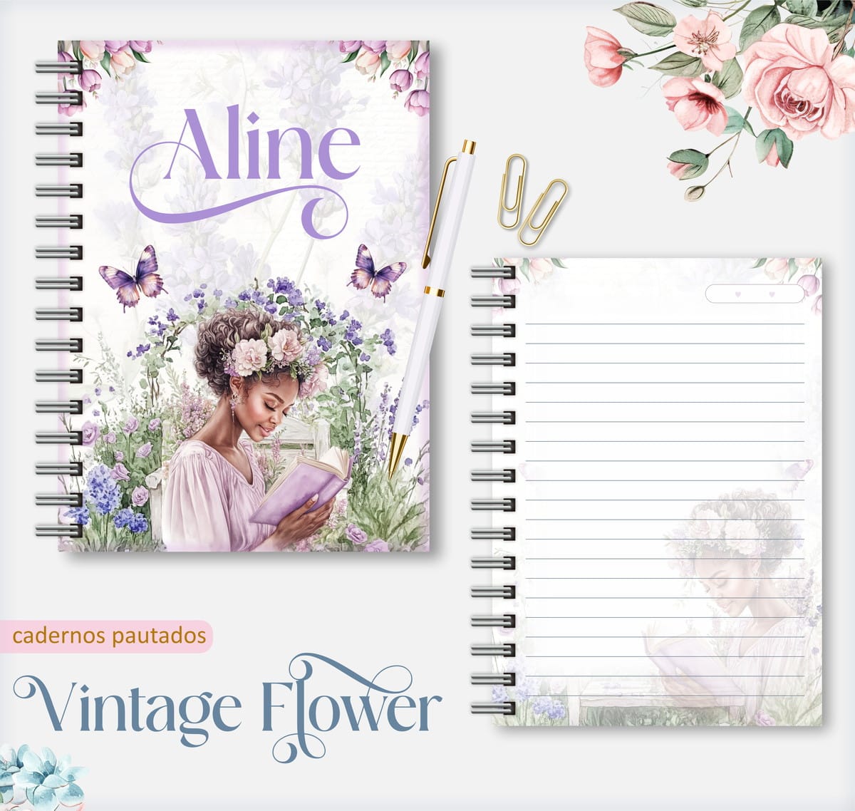 Kit Digital Caderno Pautado Vintage Floral para Encadernação 1 Caderno Pautado Vintage Flower 06 Arquivos Encadernacao 1