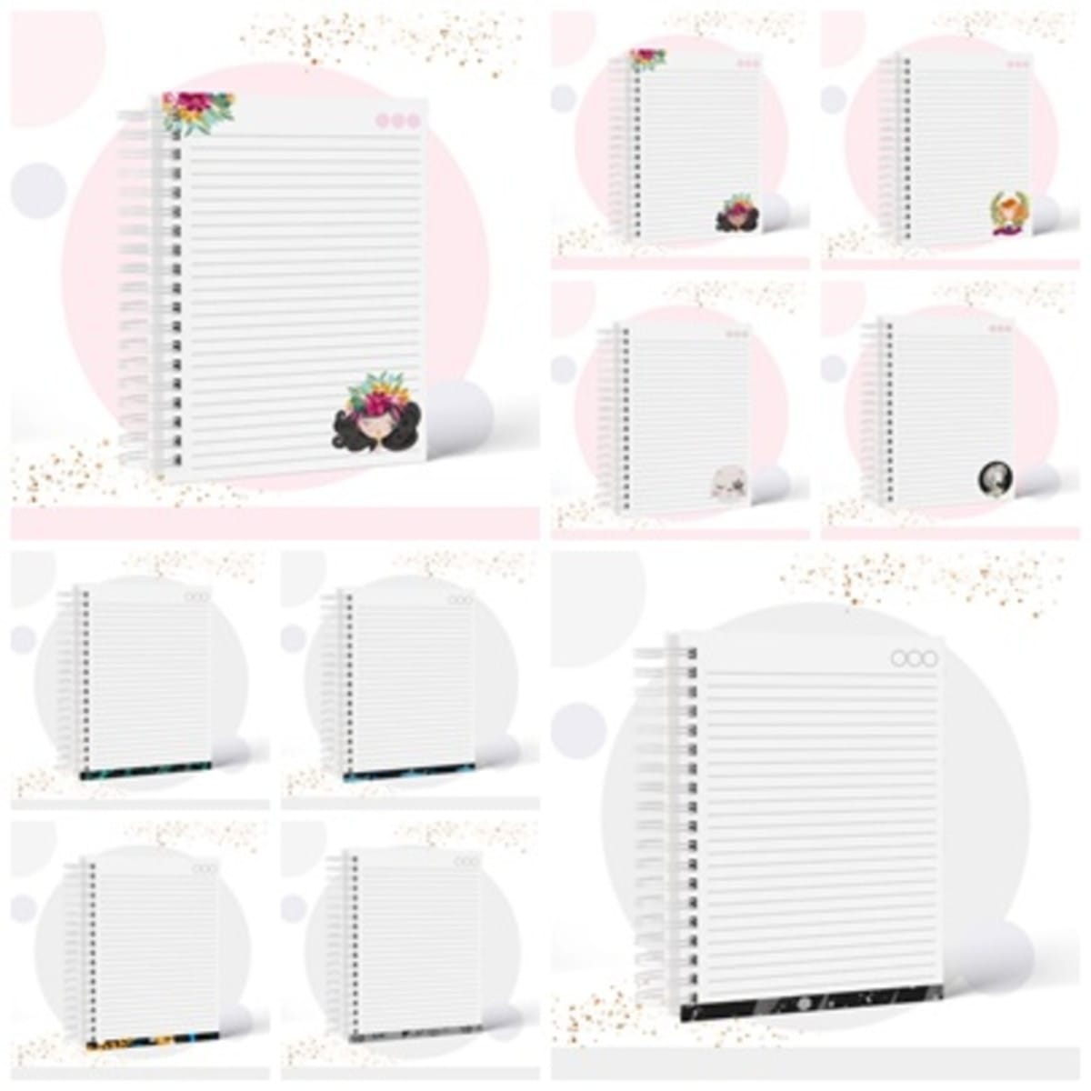 Kit digital caderno teens com 10 temas para imprimir 2 Coleção de páginas digitais pautadas com espiral, apresentando diversos designs e ilustrações.