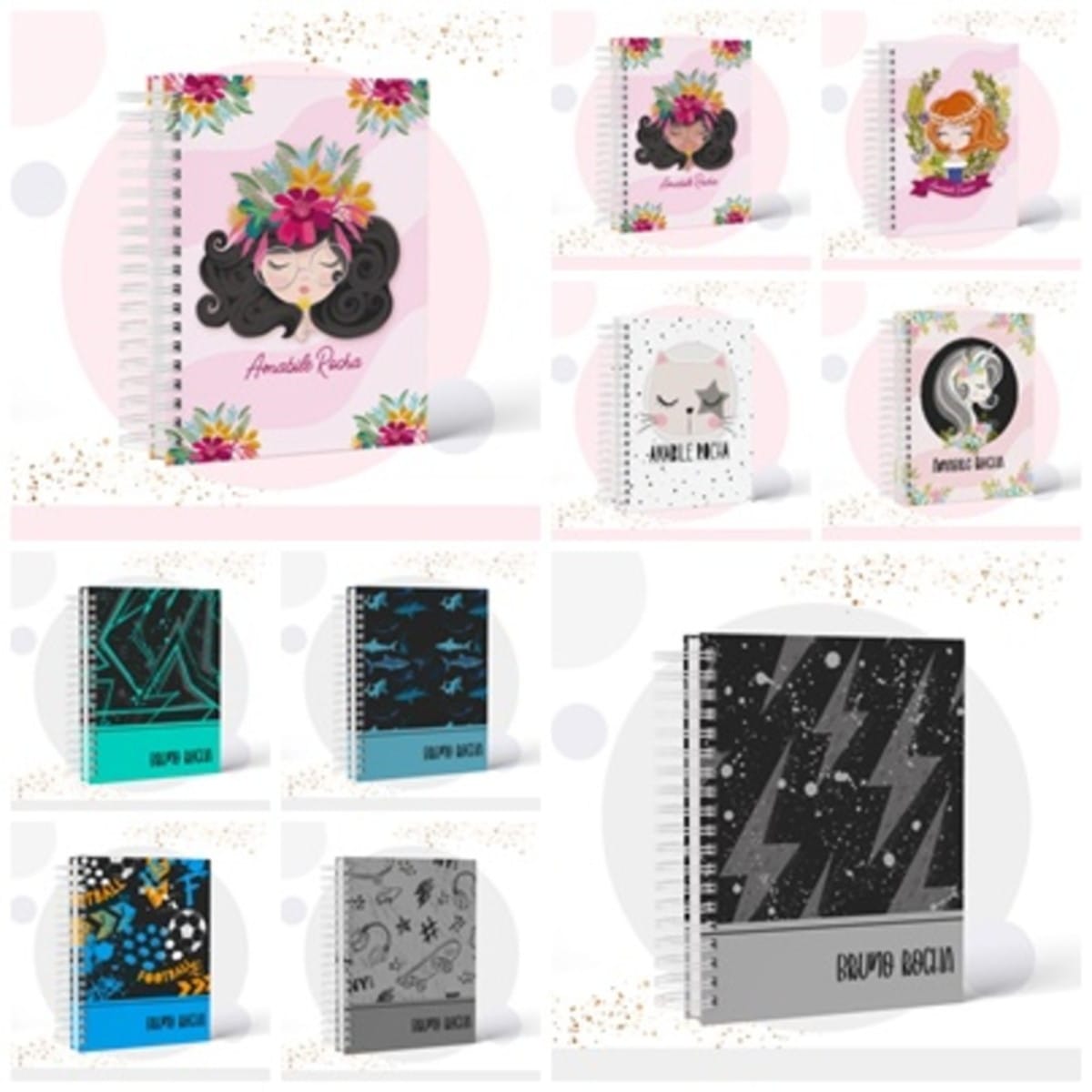 Kit digital caderno teens com 10 temas para imprimir 1 Arte digital de cadernos espirais com capas variadas, incluindo temas florais e esportivos.