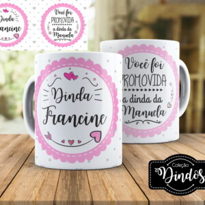 Arte digital de canecas personalizadas com mensagens para dindas em rosa e preto.