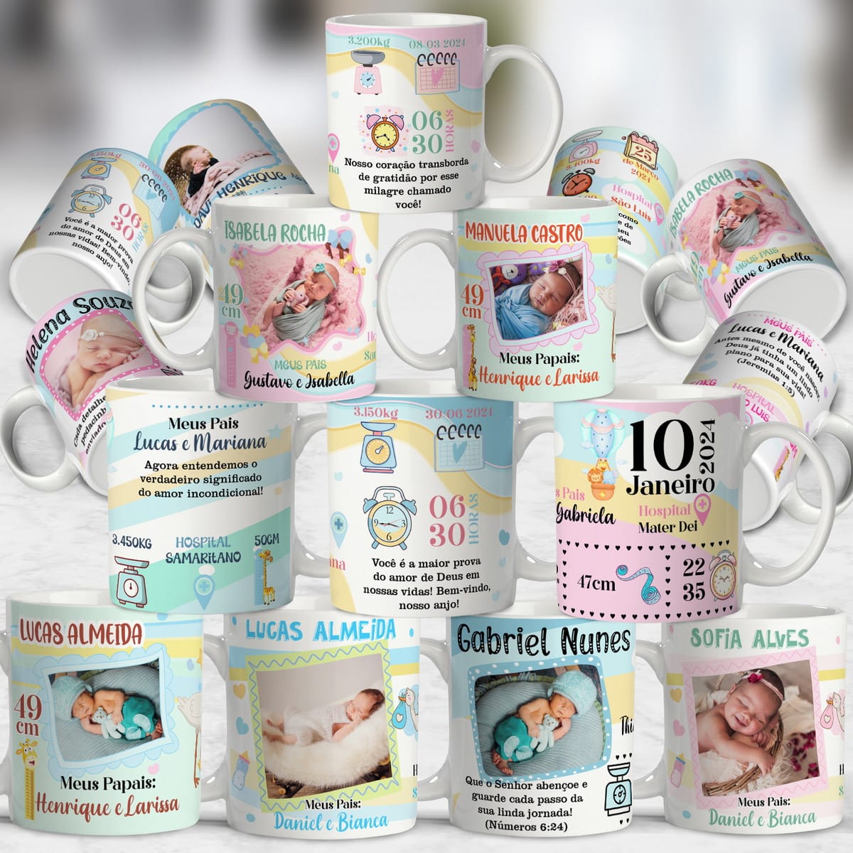 Kit Digital Caneca Nascimento com 10 Artes Editáveis 1 Coleção de canecas personalizadas com fotos de bebês recém-nascidos e informações de nascimento.