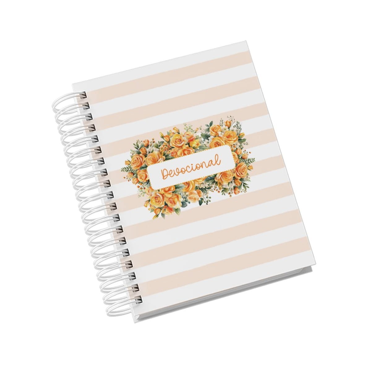 Kit Digital Capas Encadernação Devocional Floral PNG 2 Caderno devocional com capa listrada e arranjo de flores amarelas, espiral branco.
