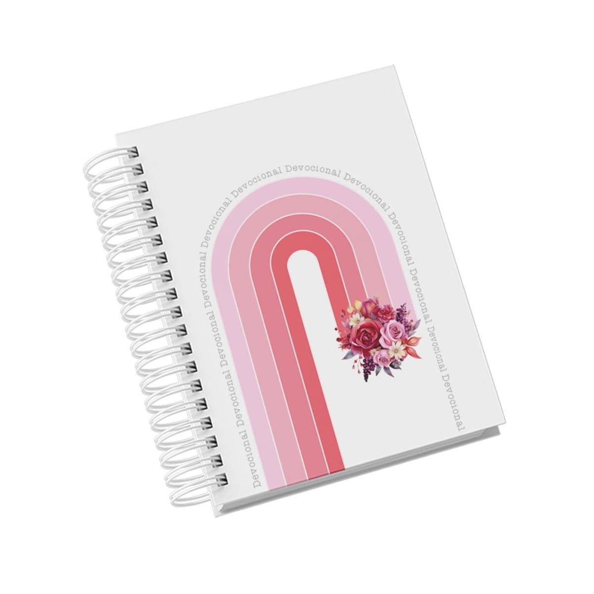 Kit Digital Capas Encadernação Devocional Floral PNG 4 Arte digital para devocional com capa branca, arco-íris rosa e buquê de flores.