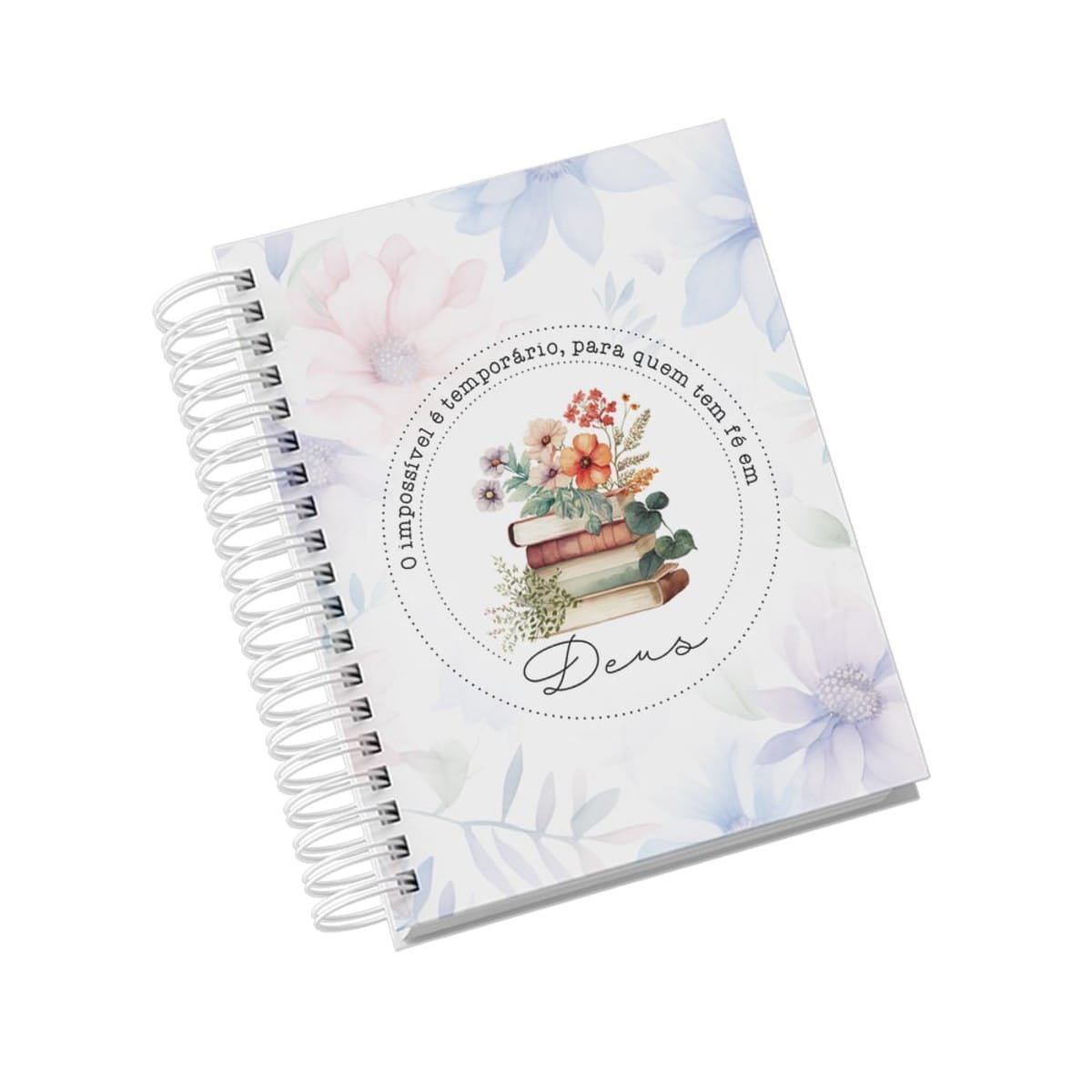 Kit Digital Capas Encadernação Devocional Floral PNG 5 Caderno espiral com capa floral, ilustração de livros, flores e frase inspiradora.