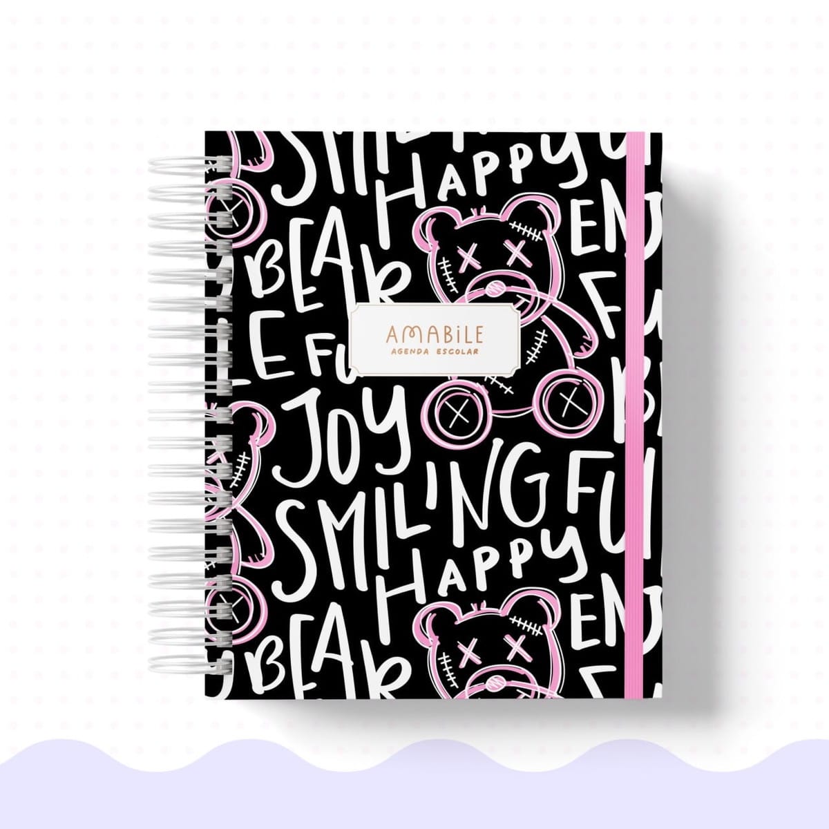 Kit Digital Capas para Agenda Escolar Tema Raposas 3 Agenda escolar com capa preta estampada com ursos e palavras em branco e rosa.