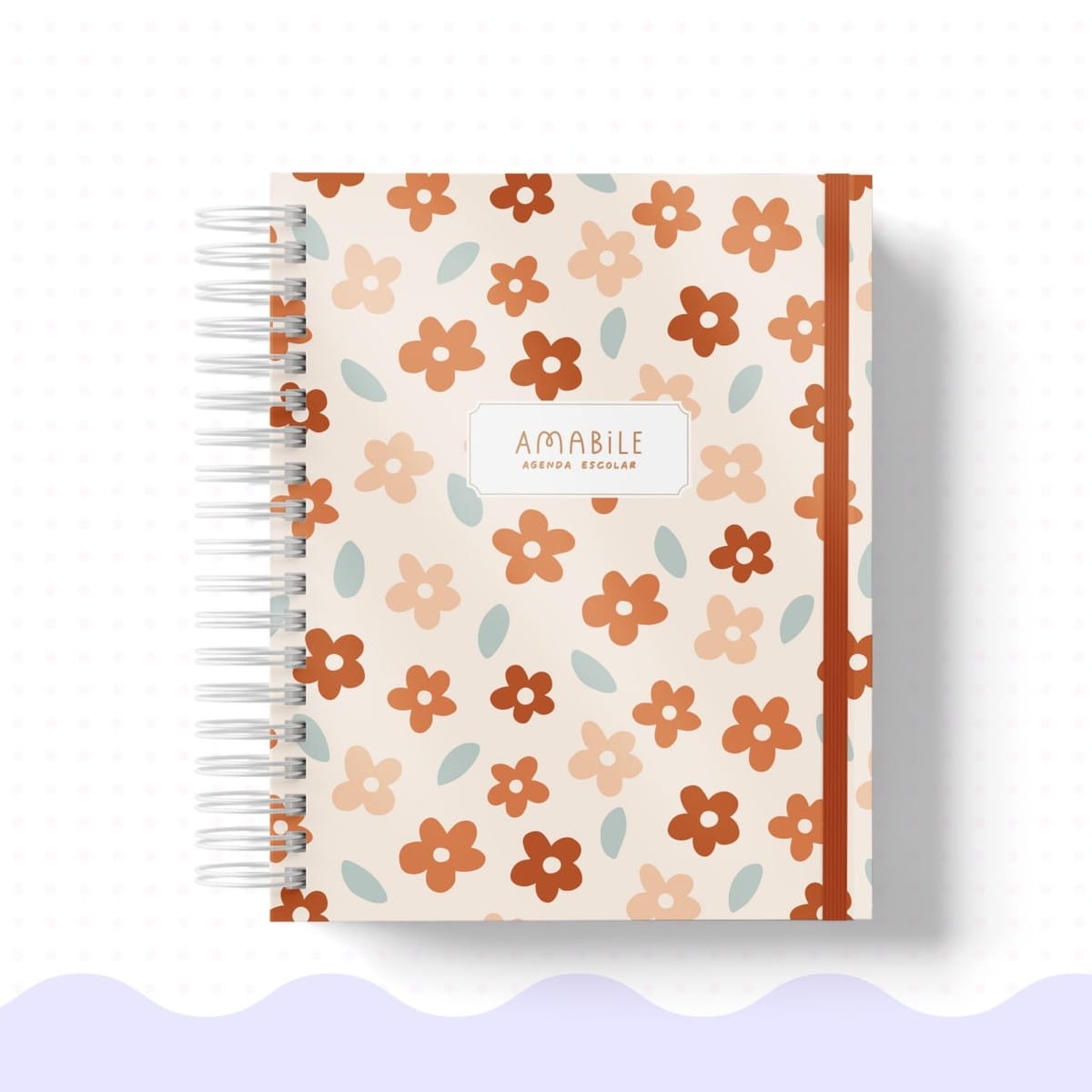 Kit Digital Capas para Agenda Escolar Tema Raposas 2 Agenda escolar espiral com estampa de flores coloridas em fundo claro e elástico lateral.