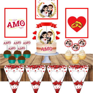 Arte digital de kit festa romântico com quadros, topper de bolo e bandeirinhas temáticas.