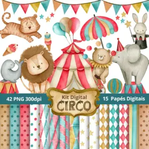 Ilustrações em aquarela com animais de circo, tenda, balões e padrões decorativos coloridos.