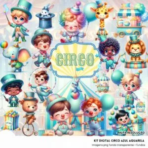Kit Digital Circo Azul Baby Png Ilustrações 3D Fofo