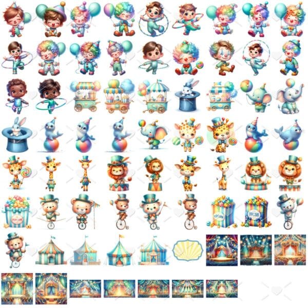 Kit Digital Circo Azul Baby Png Ilustrações 3D Fofo