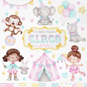 Kit Digital Circo Rosa Em Aquarela Imagens Elementos Png