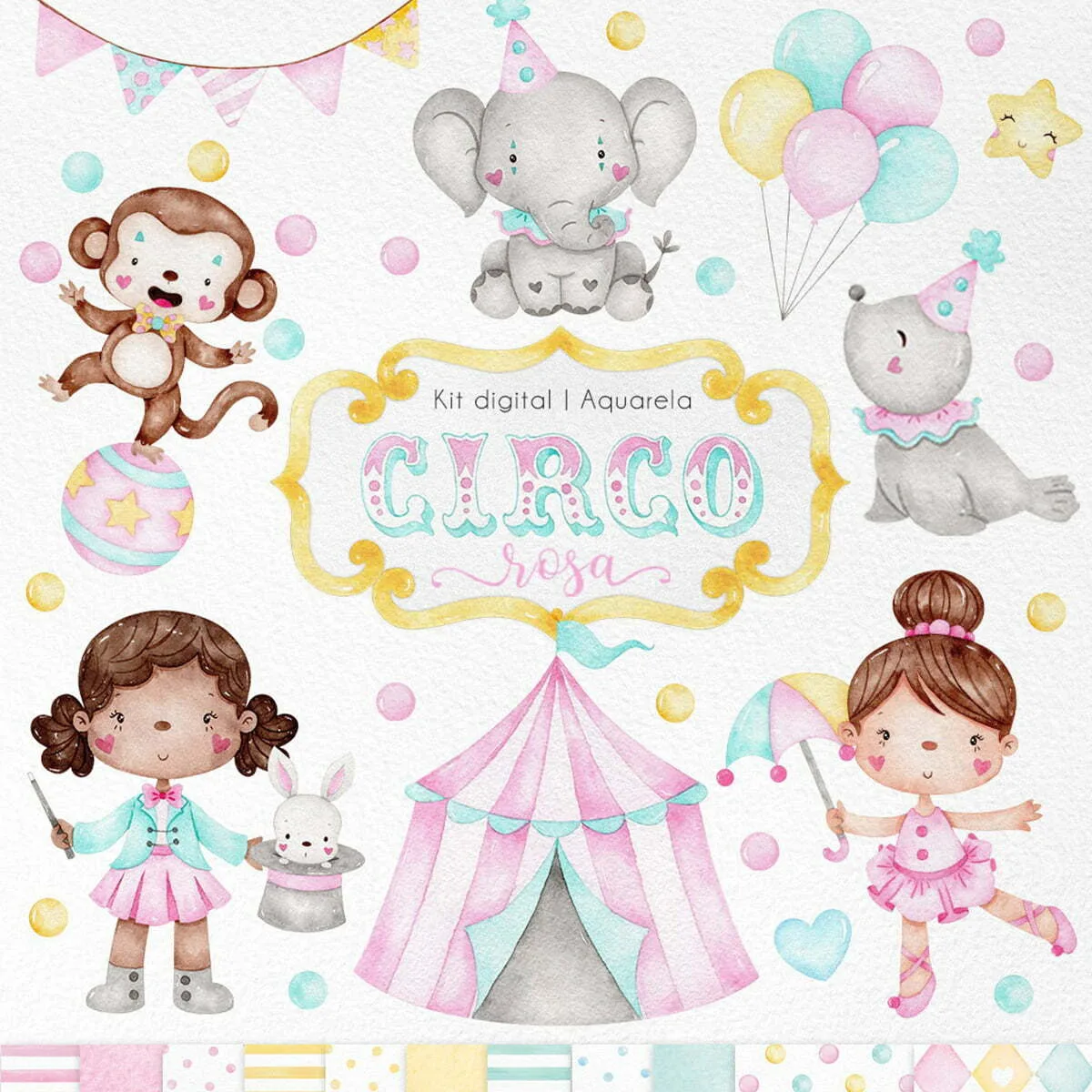 Kit Digital Circo Rosa Em Aquarela Imagens Elementos Png