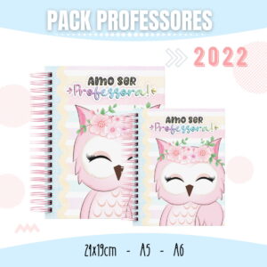 Arte digital de capas de caderno com coruja rosa e frase 'Amo ser Professora!'
