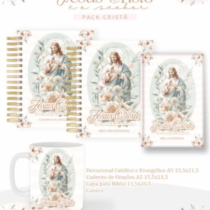 Kit Digital Cristão Jesus é o Senhor com Devocionais 10 Kit de arte digital com estampa religiosa de Jesus rodeado por flores em tons suaves.