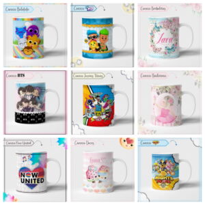 Grade de nove canecas digitais com designs infantis e temáticos variados.