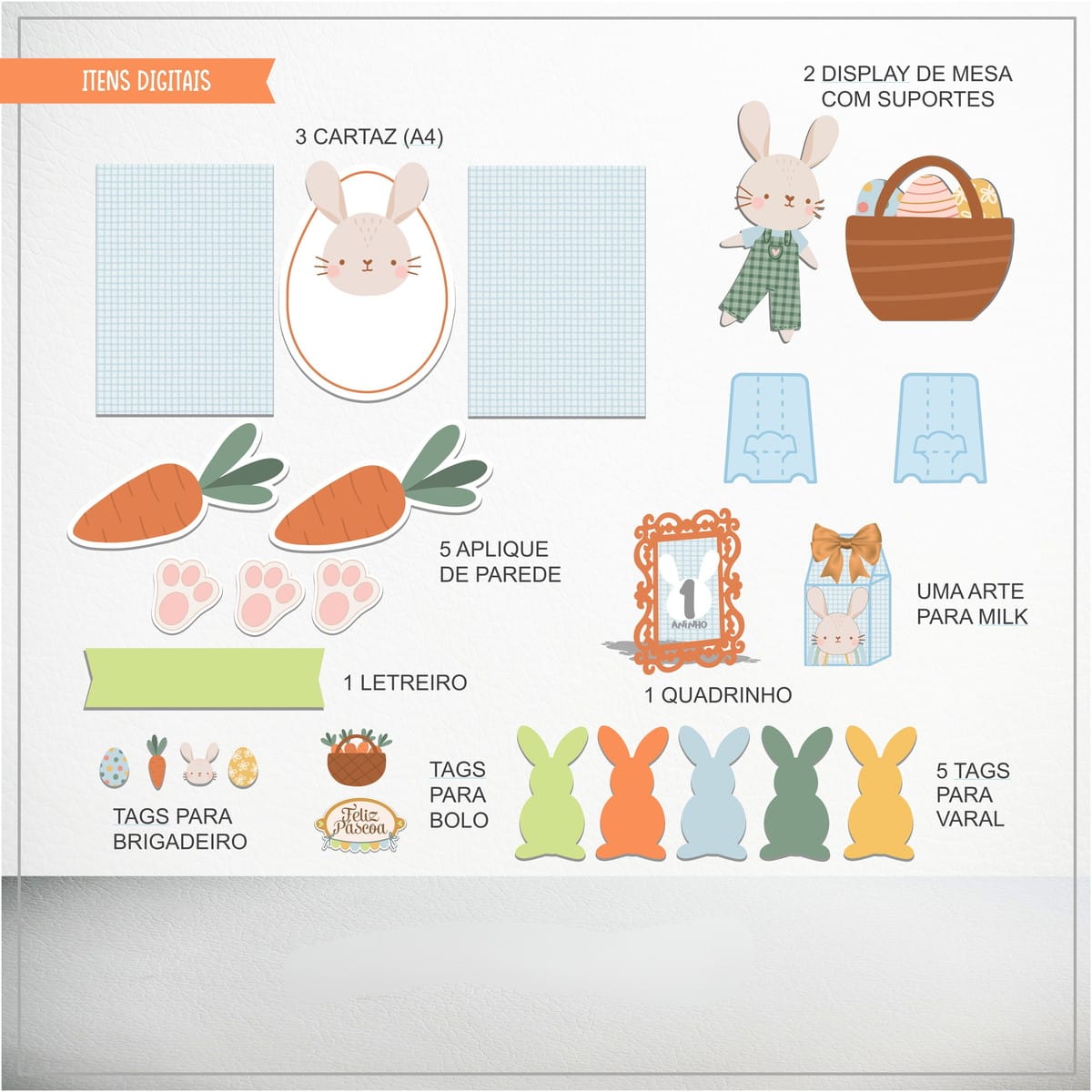 Kit digital de Páscoa em Studio e PDF para lembrancinhas 2 Kit de arte digital com coelhos, cenouras, ovos e tags para decoração de festa.