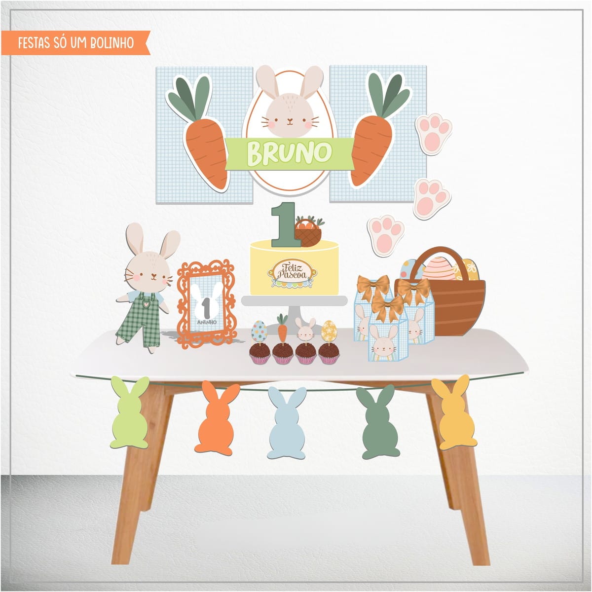 Kit digital de Páscoa em Studio e PDF para lembrancinhas 1 Arte digital de festa de Páscoa com coelhos, bolo e decoração de 1 aninho.