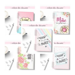 Arte digital de capas de cadernos para o Dia das Mães, com ilustrações e frases.