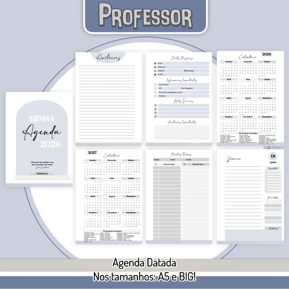 Kit Digital Dia do Professor 2025 com agendas e planners 2 Apresentação de páginas internas e capa de uma agenda escolar digital para professores.