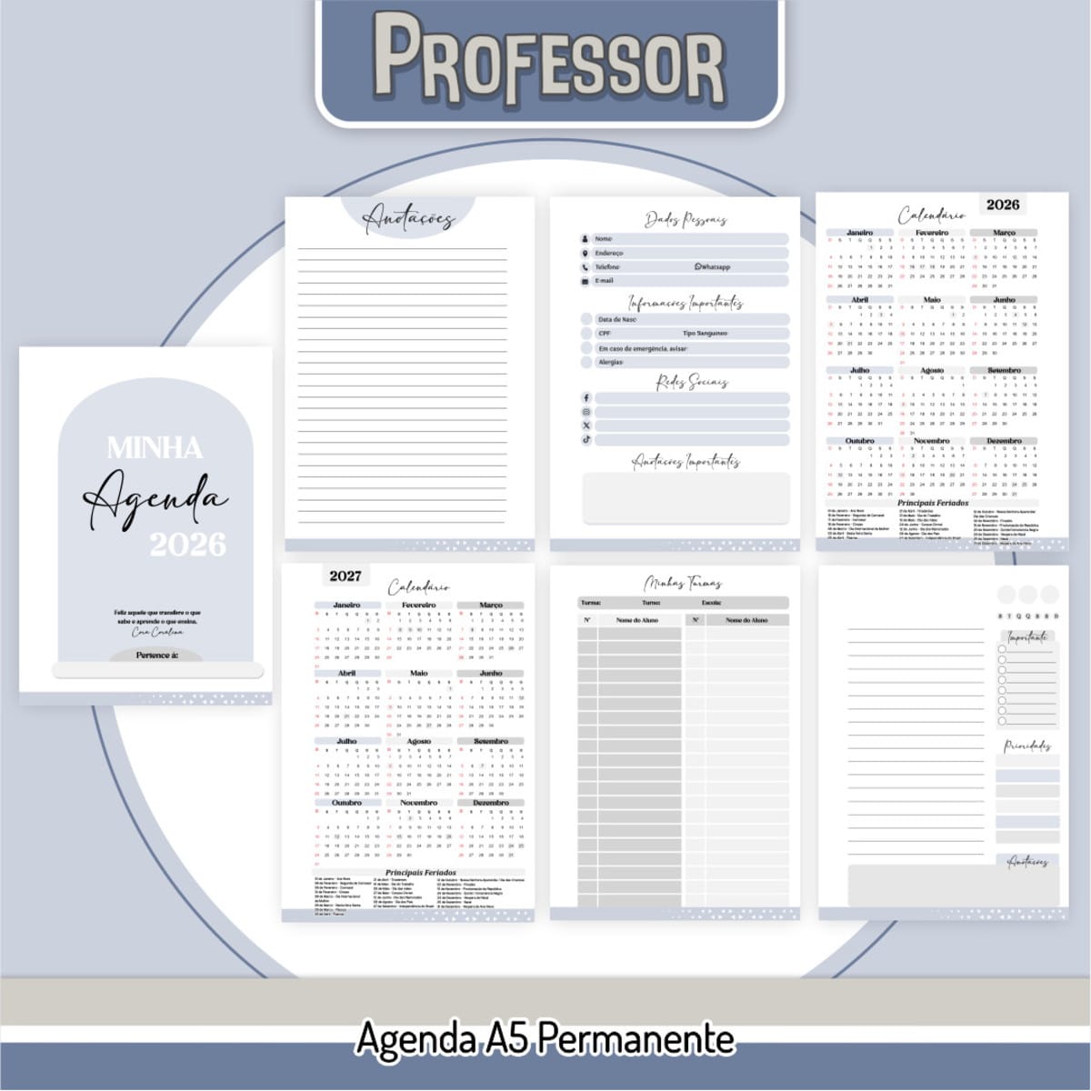 Kit Digital Dia do Professor 2025 com agendas e planners 3 Amostra digital de páginas internas de uma agenda em formato A5.