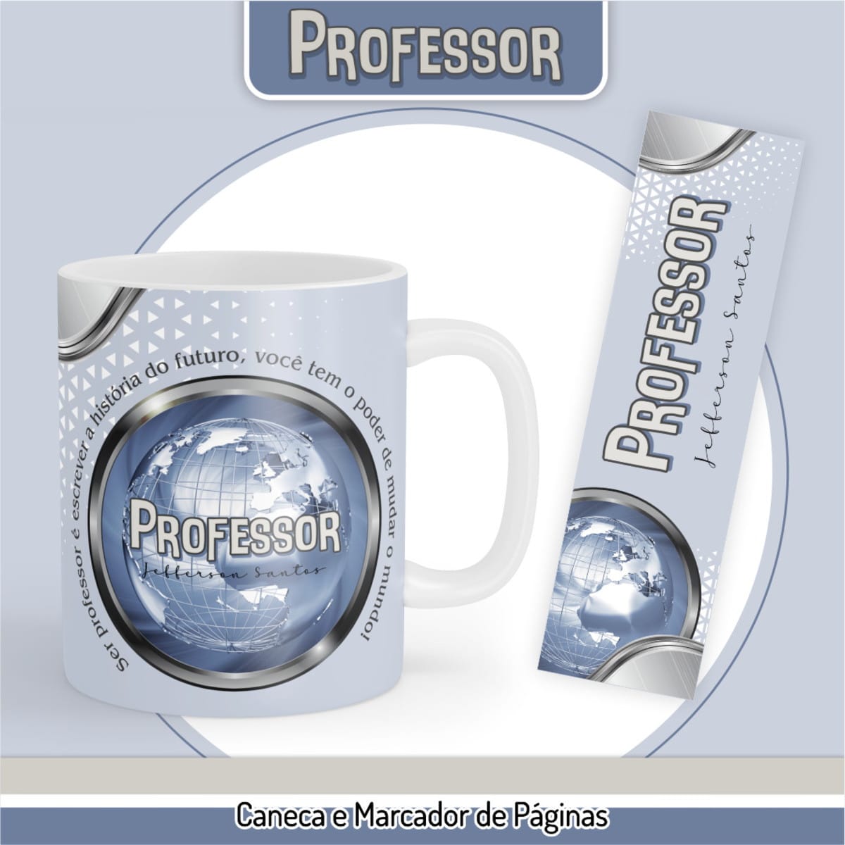 Kit Digital Dia do Professor 2025 com agendas e planners 4 Caneca branca e marcador de páginas com estampa temática em tons de azul