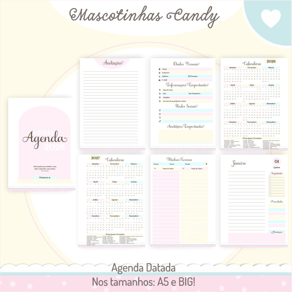 Kit Digital Dia dos Professores 2025 com Planners e Cadernos 3 Apresentação de páginas internas e capa de uma agenda datada em tons pastéis.