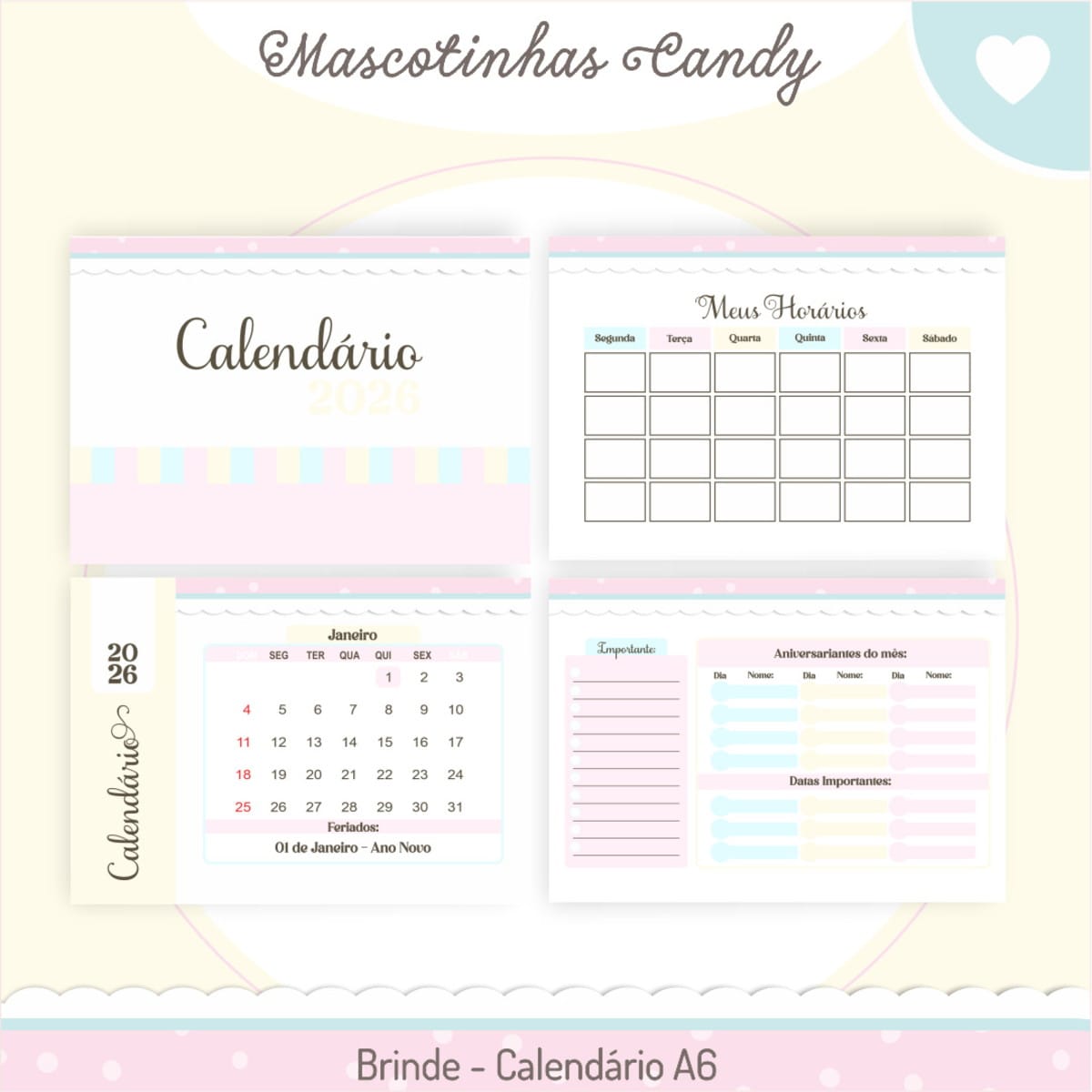 Kit Digital Dia dos Professores 2025 com Planners e Cadernos 5 Folhas de calendário em tons pastel com grade de horários e planejamento mensal.