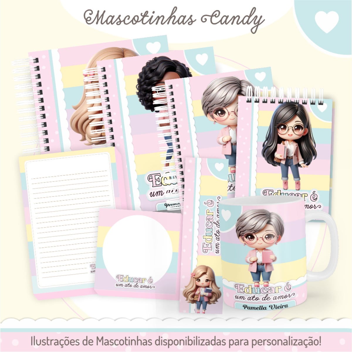 Kit Digital Dia dos Professores 2025 com Planners e Cadernos 1 Ilustrações de bonecas em cadernos e canecas com fundo colorido pastel.