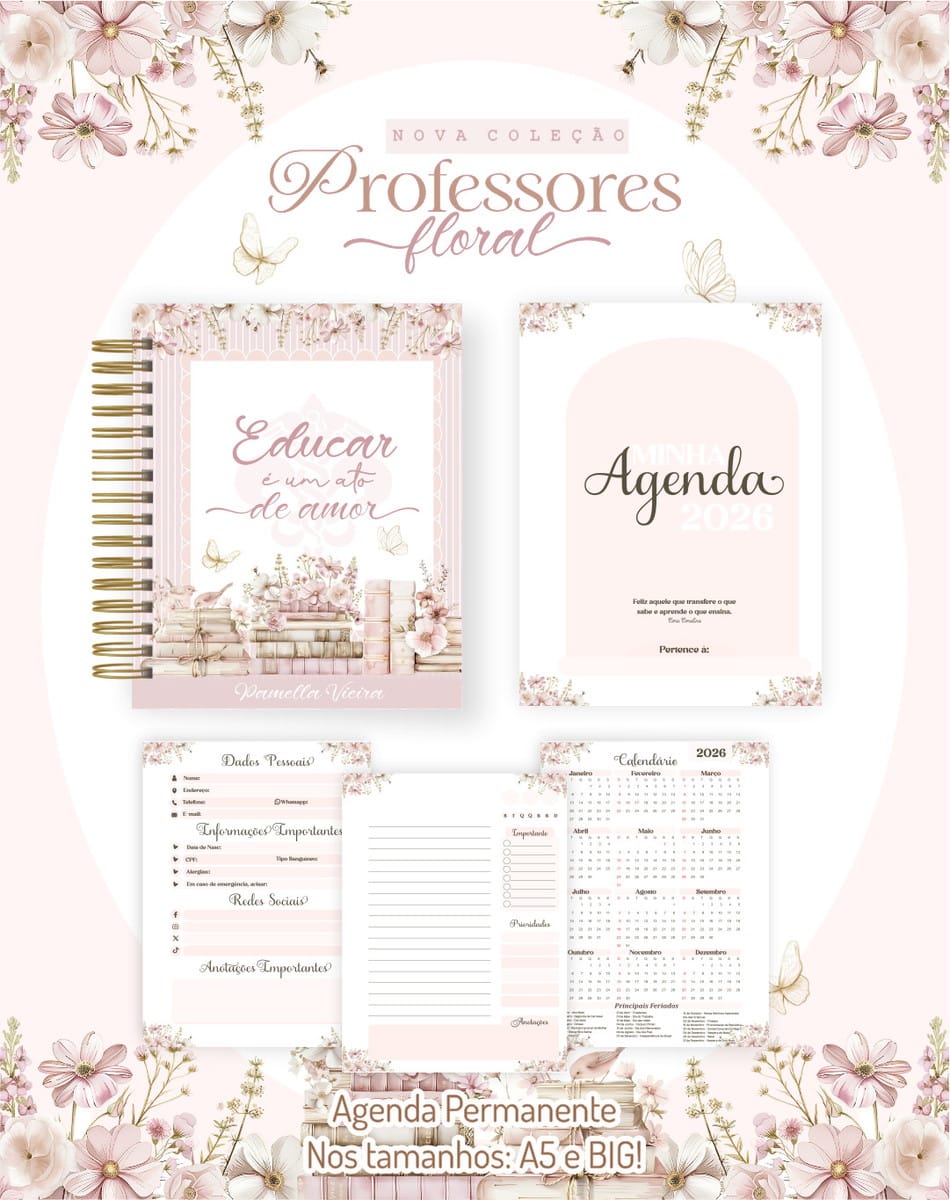 Kit Digital Dia dos Professores 2025 para Encadernação 1 Arte digital de agenda com tema floral rosa, borboletas, livros e folhas de anotações.