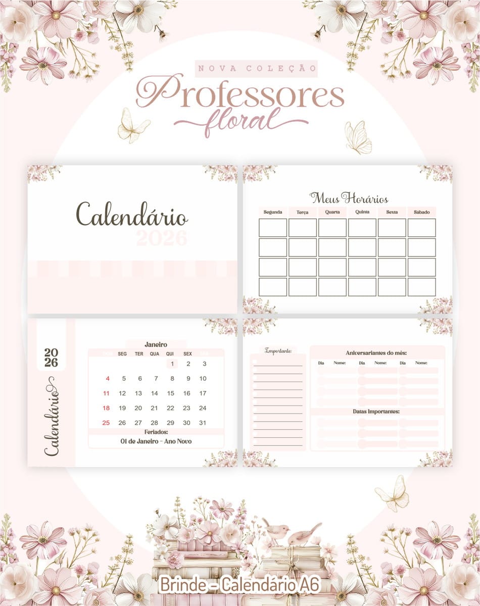 Kit Digital Dia dos Professores 2025 para Encadernação 3 Apresentação de páginas de calendário digital com decoração floral em tons rosa.