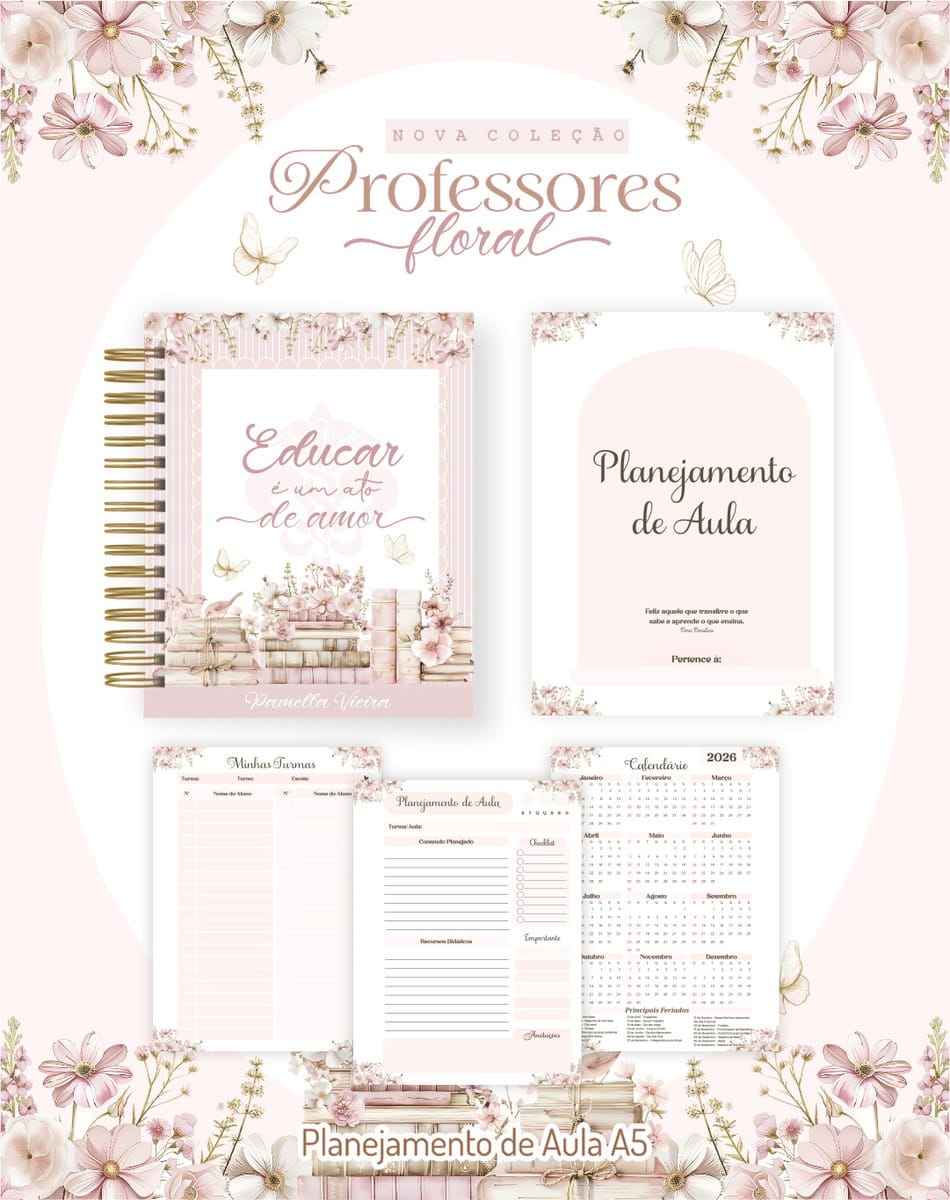 Kit Digital Dia dos Professores 2025 para Encadernação 4 Apresentação de arte digital com tema floral para planejamento de aulas em tons de rosa.