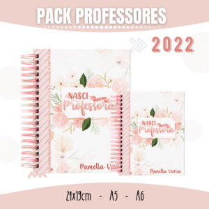 Arte digital de duas agendas com estampa floral rosa para professores, ano 2022.