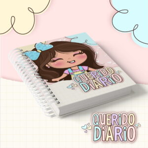Arte digital de diário com capa de menina sorrindo e laço azul.