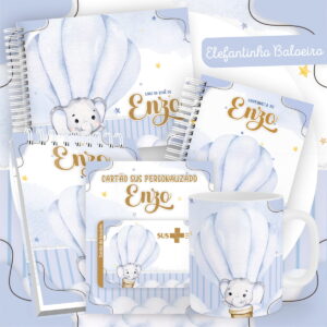 Arte digital de kit bebê com elefante baloeiro, designs para itens personalizados.