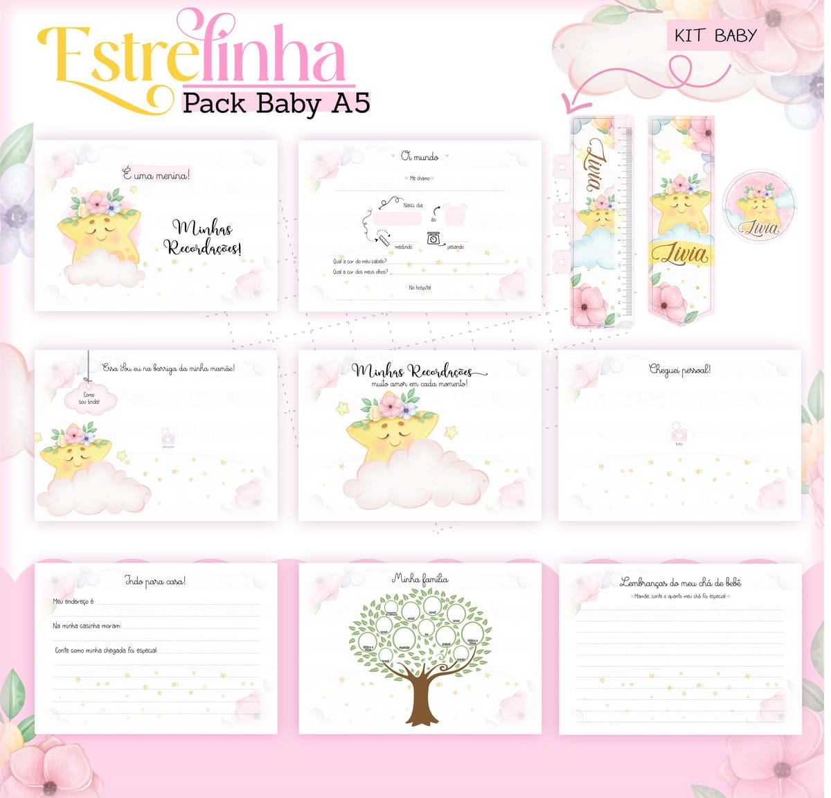 Kit Digital Encadernação Baby Menina Estrelinha 2 Apresentação visual com vários cartões ilustrados contendo estrelas, flores e nuvens coloridas.