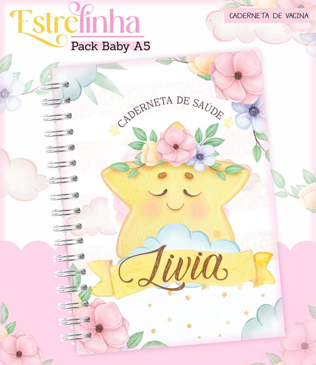 Kit Digital Encadernação Baby Menina Estrelinha 3 Caderno com espiral metálica e ilustração de estrela sorridente cercada por flores e nuvens