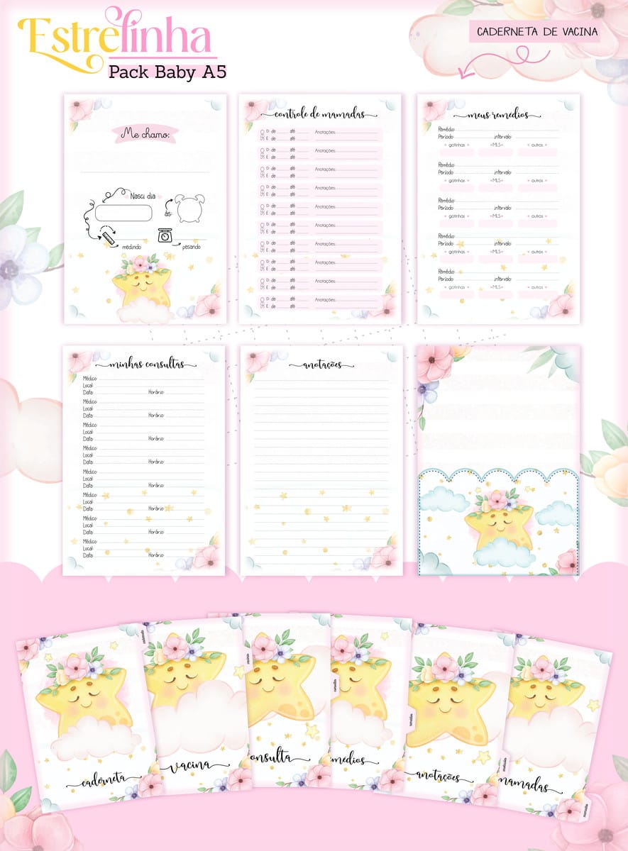 Kit Digital Encadernação Baby Menina Estrelinha 4 Amostra de páginas decoradas com estrelas, flores e nuvens para caderneta infantil.