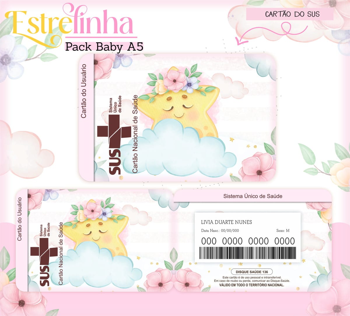 Kit Digital Encadernação Baby Menina Estrelinha 5 Arte digital de cartão infantil com estrela fofa e flores em aquarela.